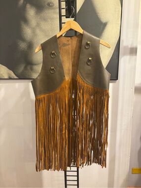 Fringed Leather Vest in Brown and Tan